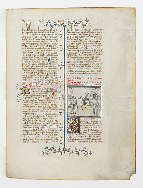 Illuminated medieval manuscript scene showing people working in a bakery