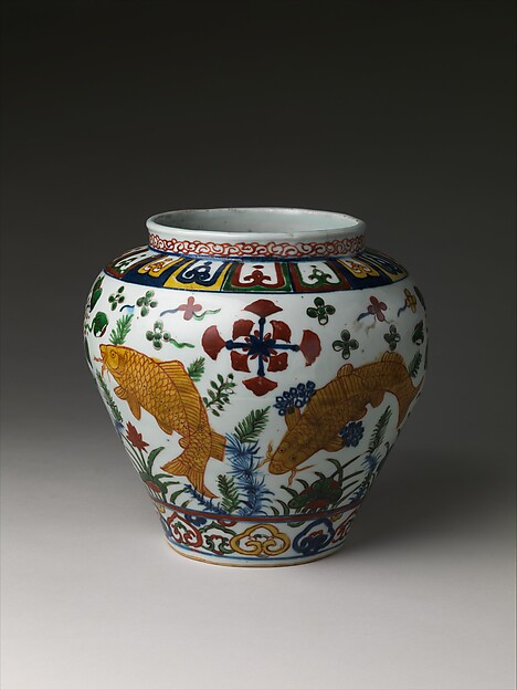 Blue-and-white Ming porcelain jar decorated with carp and lotus pond imagery